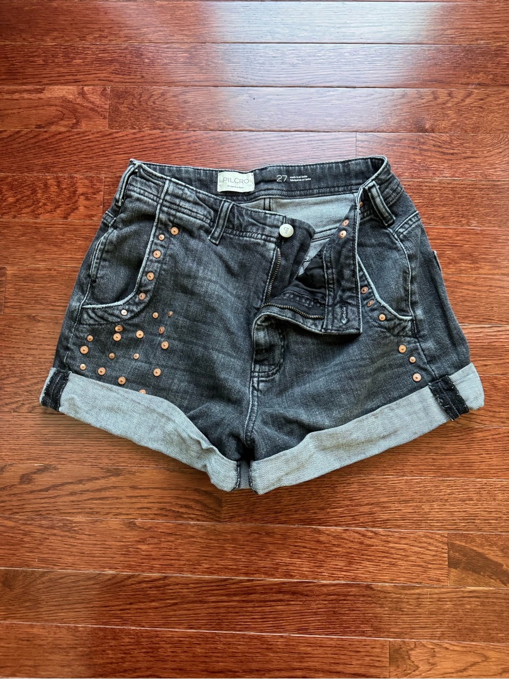 Anthropologie Black Cuffed Denim Shorts with Copper Studs